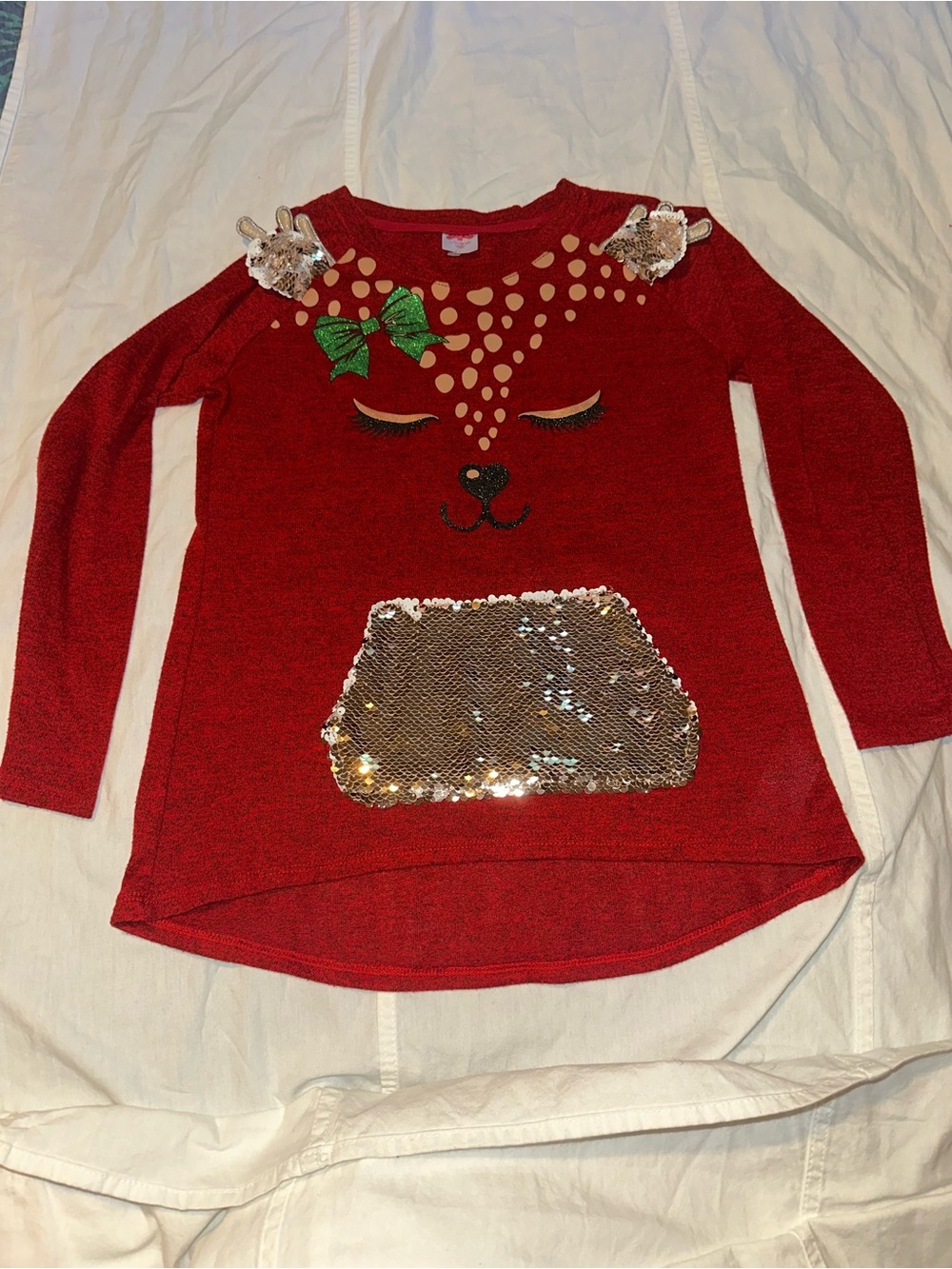Holiday Time Red Girls' Reindeer Sequin Pocket Sweater